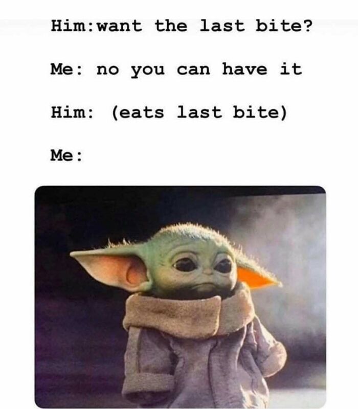 Funny marriage meme with Baby Yoda reacting to last bite
