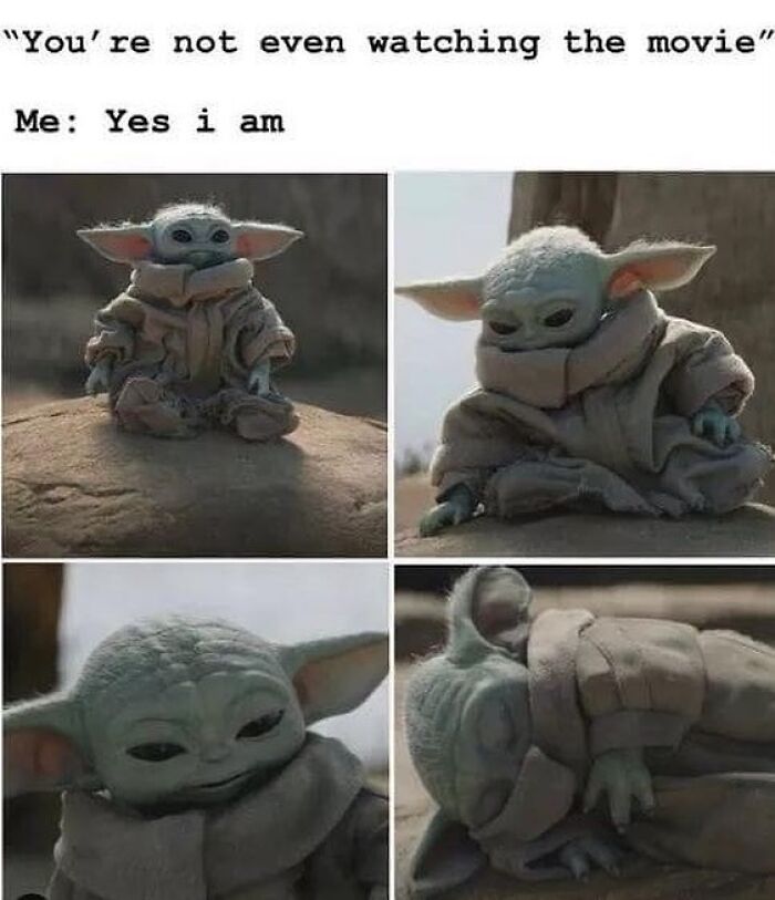 Funny husband and wife meme with Baby Yoda watching a movie with distracted expressions