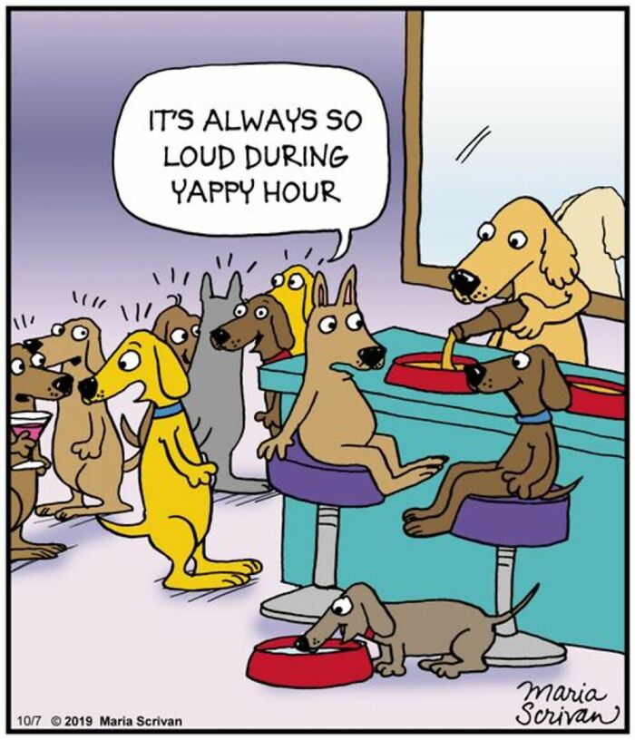 A comic by Maria Scrivan showing dogs at a lively Yappy Hour, a familiar scene for dog owners.