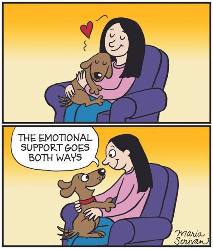 A comic by Maria Scrivan of a woman and her dog sharing emotional support, highlighting the bond if you have a dog.