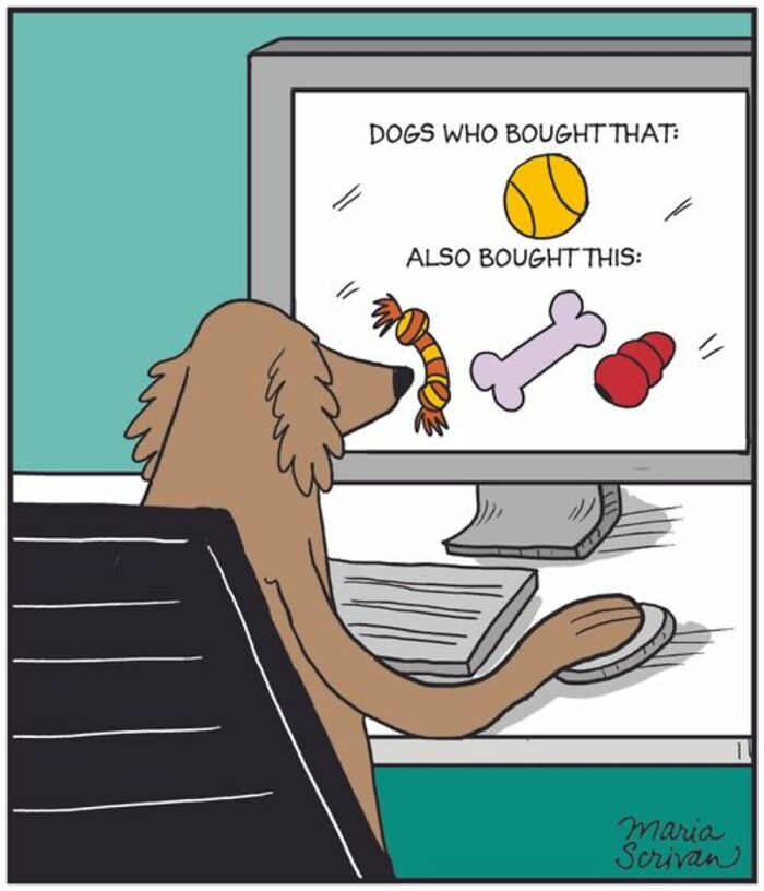 A comic by Maria Scrivan showing a dog shopping online for dog toys, representing familiar dog experiences.