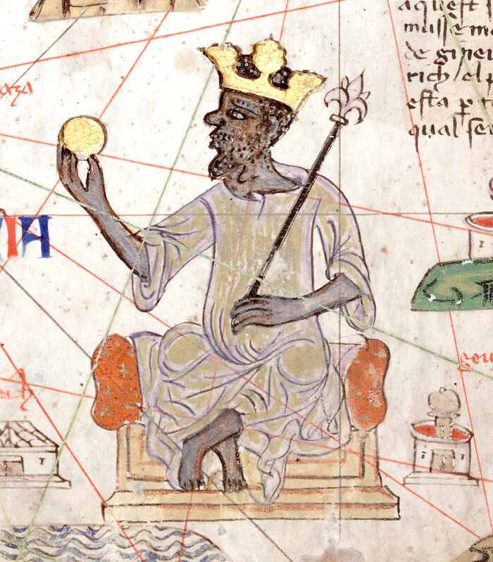 An ancient illustration of a crowned king holding a gold coin and scepter, an example of useless facts that are hard to forget.