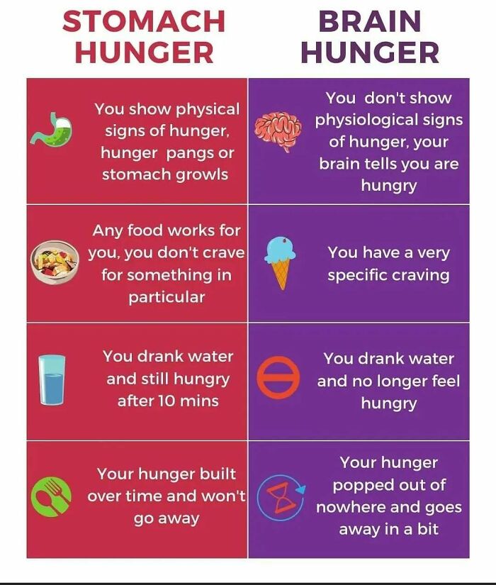 A chart to decide faster by understanding the difference between stomach hunger and brain hunger.