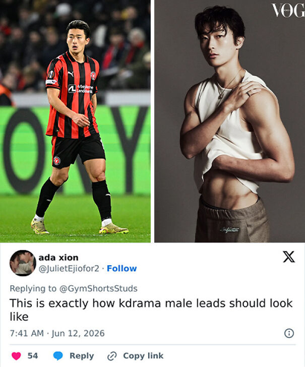 World Cup 2026 player in black and red kit on field with fan tweet about kdrama male leads