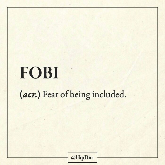 Instagram page definition of FOBI as fear of being included acronym