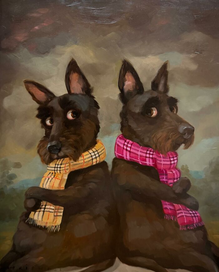 Funny animal paintings of two dogs wearing colorful scarves