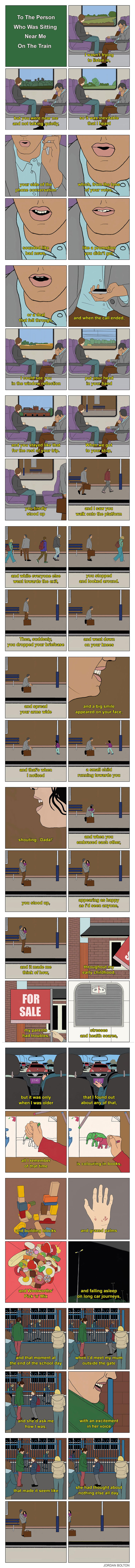 A comic by Jordan Bolton depicting a man's deeply human feelings and everyday moments on a train journey.