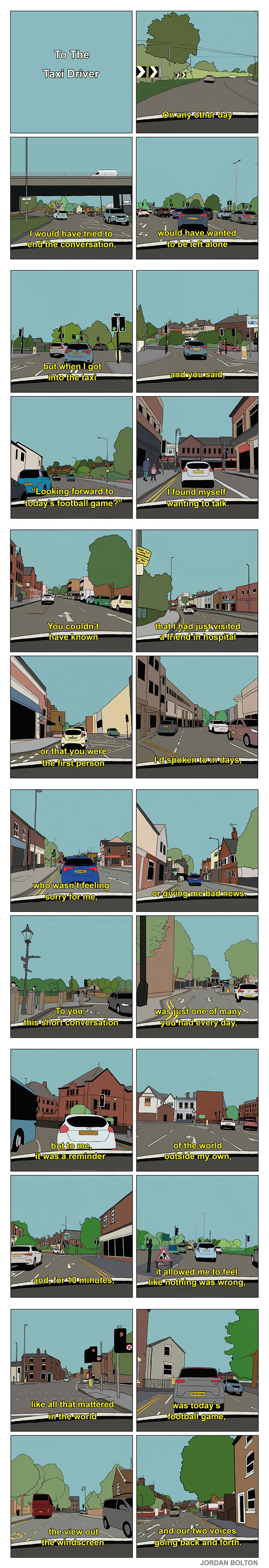 Jordan Bolton comic about a taxi driver, exploring human interaction and big feelings in everyday moments.