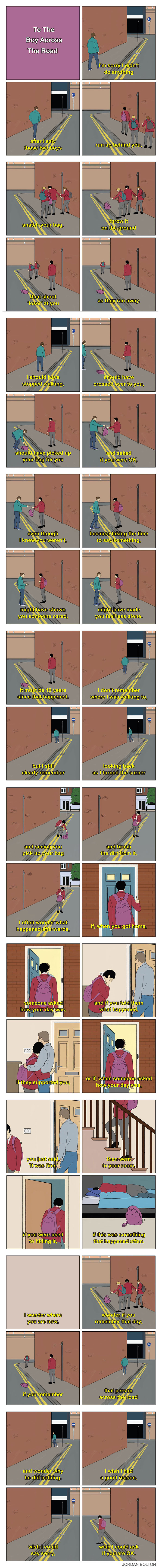 A comic by Jordan Bolton showing interactions with a delivery person, highlighting human feelings in everyday moments.
