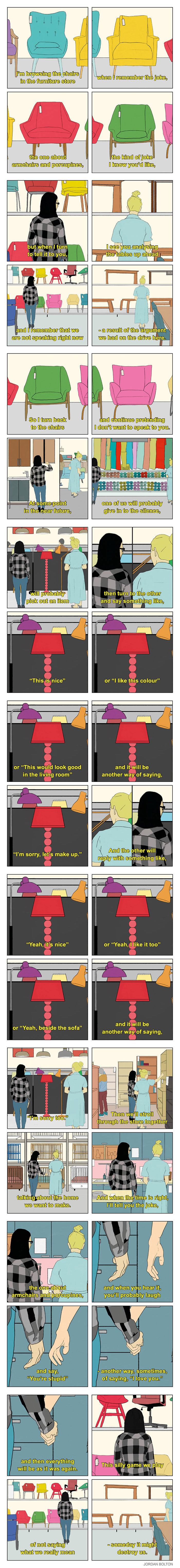 A deeply human comic by Jordan Bolton depicting a couple struggling to choose furniture in a store, capturing everyday feelings.