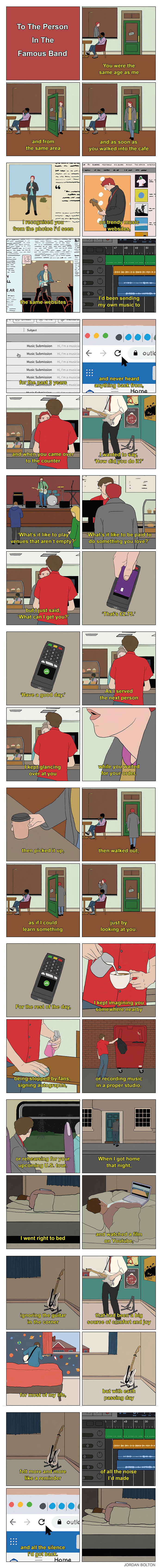 A comic by Jordan Bolton depicting a person finding big feelings in everyday moments, focusing on human connections.