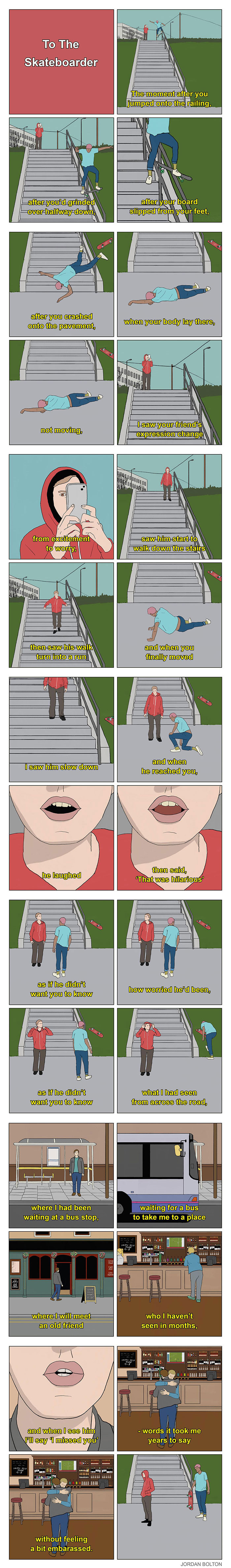 Jordan Bolton comic showing a skateboarder in everyday moments, illustrating human struggles and big feelings.