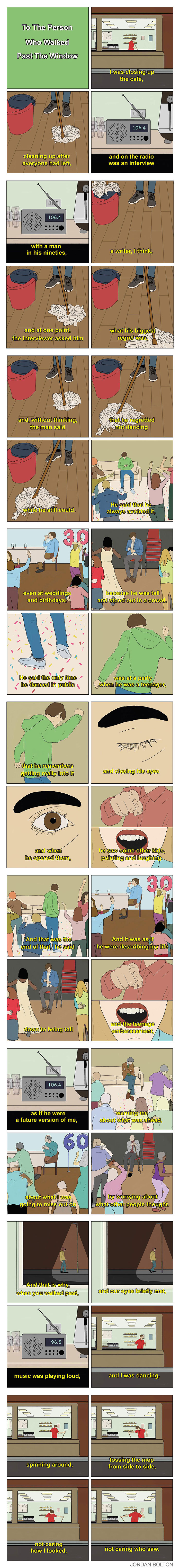 A comic by Jordan Bolton showing deeply human feelings and everyday moments of a person looking out a window.