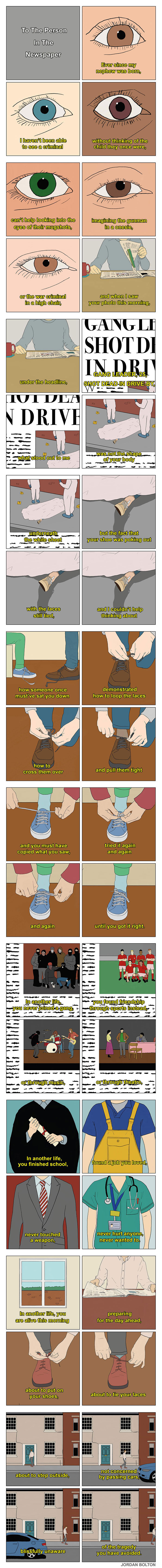 A comic by Jordan Bolton illustrating deeply human feelings and everyday moments related to a person's eye and vision.