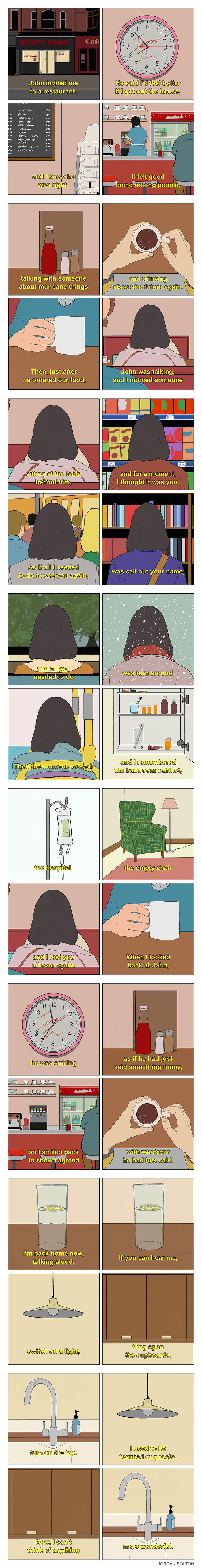 A deeply human comic by Jordan Bolton illustrating a person's inner thoughts and feelings while recalling past events.