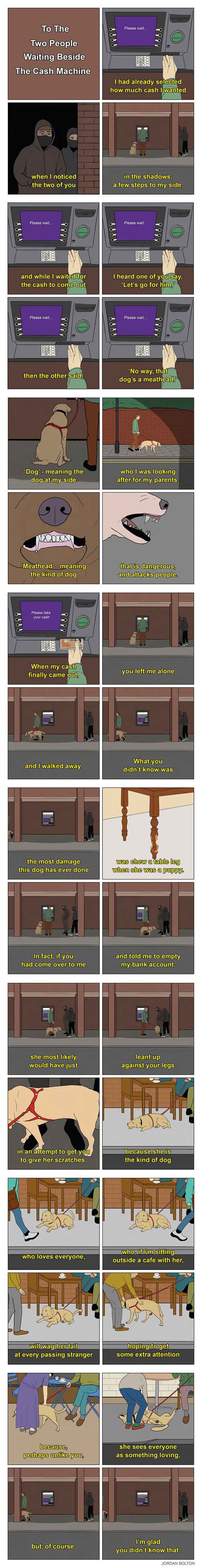 A deeply human comic by Jordan Bolton showing a person's feelings while waiting at an ATM and observing a dog.