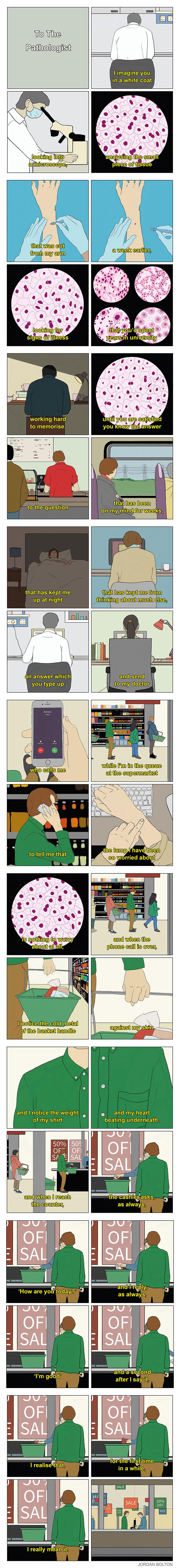 A deeply human comic by Jordan Bolton about a pathologist reflecting on everyday feelings and interactions.