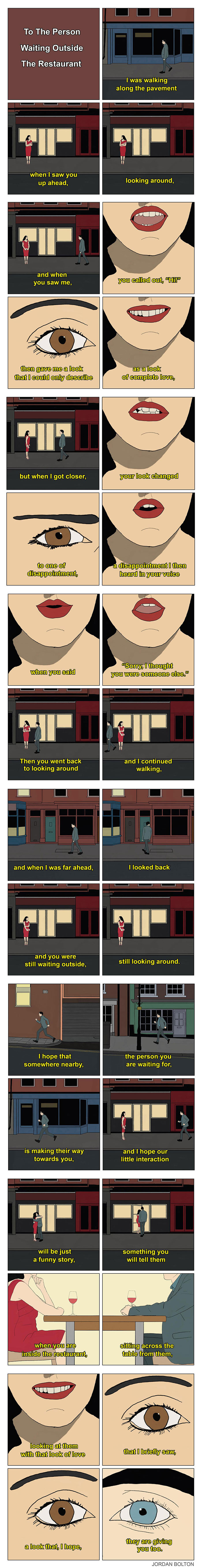 A deeply human comic by Jordan Bolton illustrating the emotional experience of waiting outside a restaurant.