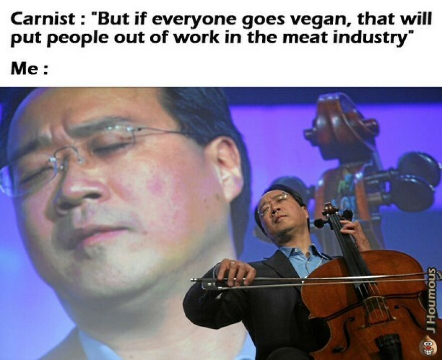 Man playing cello with closed eyes responding to vegan meat industry work concern
