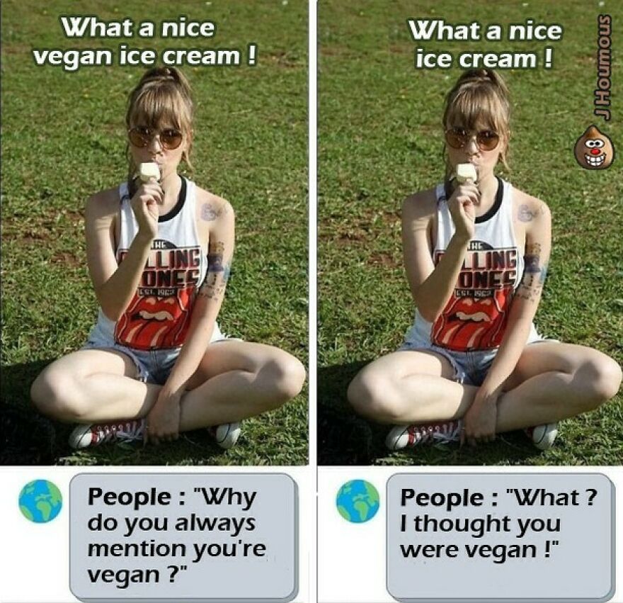 Vegan meme comparing reactions to vegan ice cream and questions about veganism
