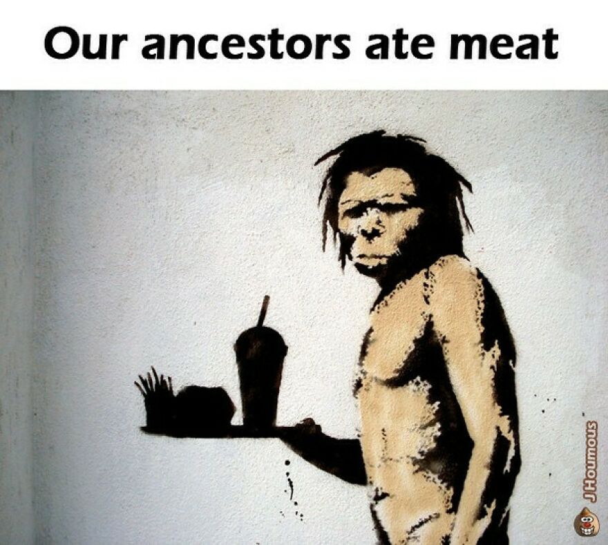 Graffiti of ancient human holding a tray with food symbolizing ancestors ate meat