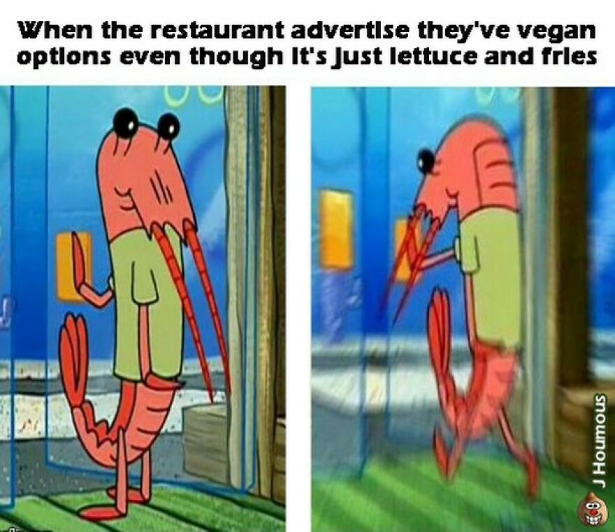 Cartoon shrimp walking away frustrated at vegan options with lettuce and fries meme