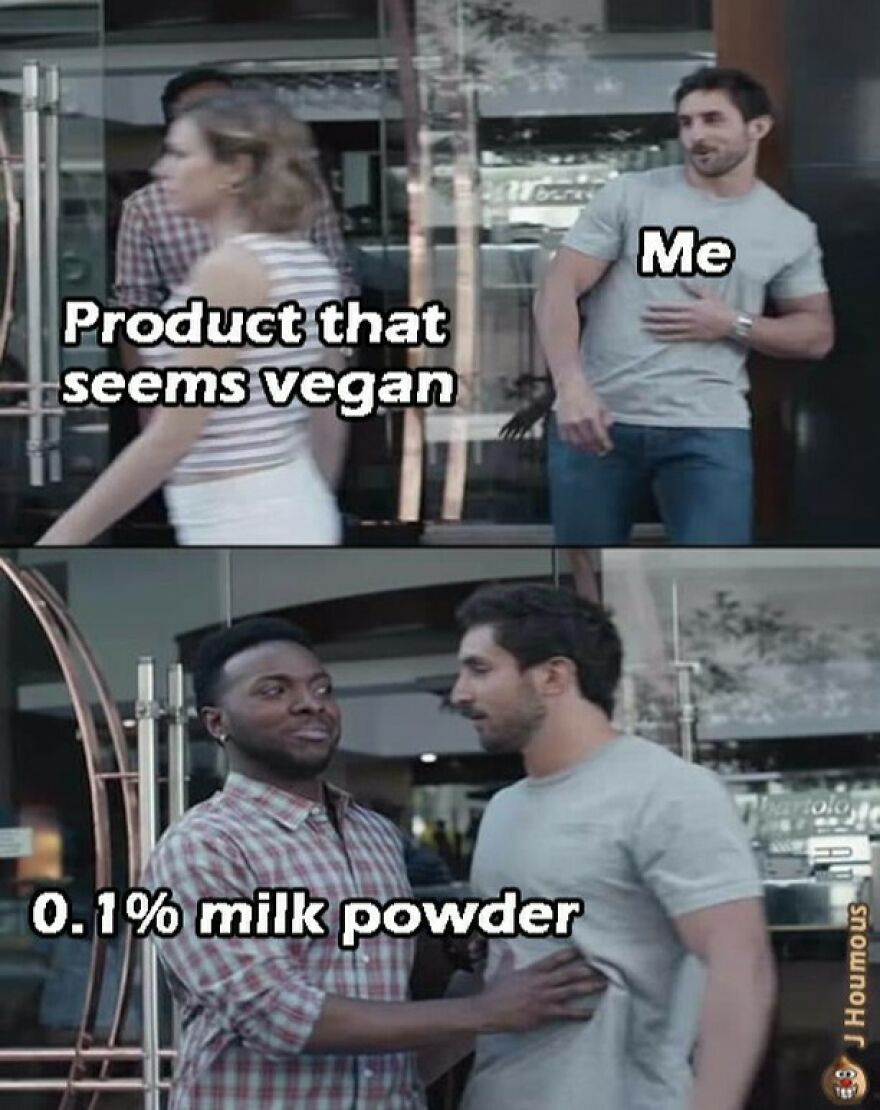 Man confronted by milk powder in product that seems vegan vegan memes
