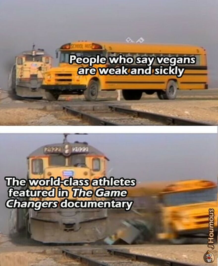 Vegan meme with school bus and train collision illustrating vegan athletes strength