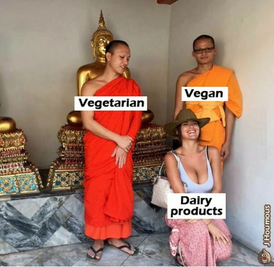 Vegan meme comparing vegetarian, vegan monk, and dairy products