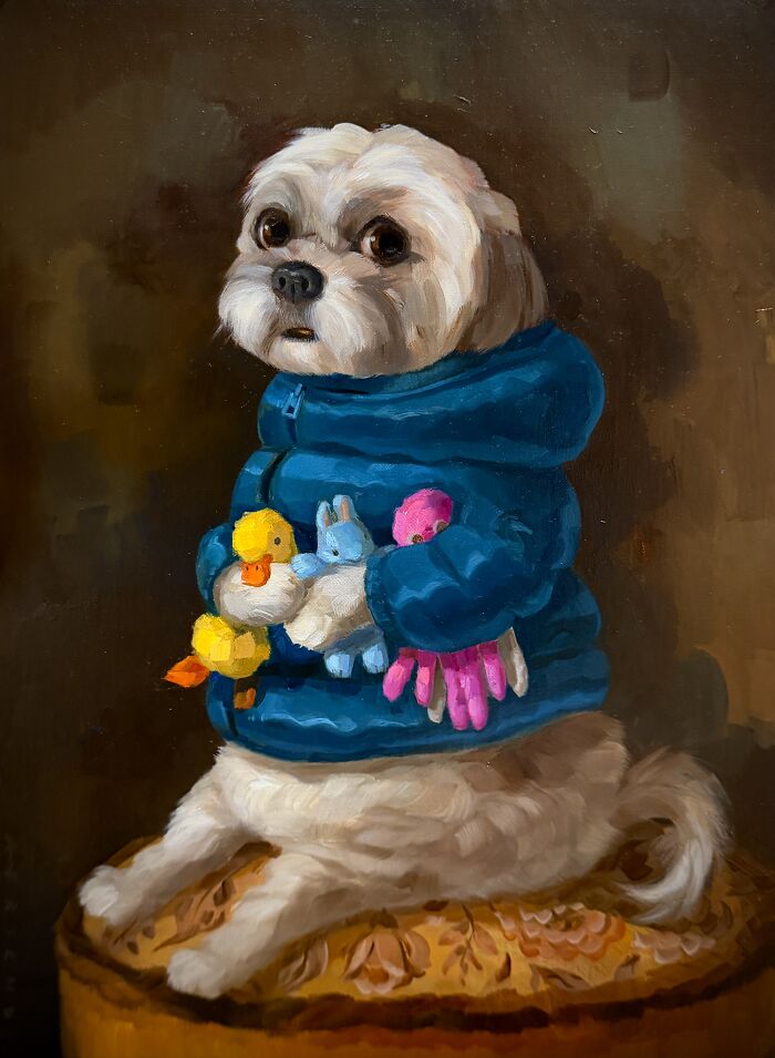 Charming dog in blue jacket holding toys in animal painting