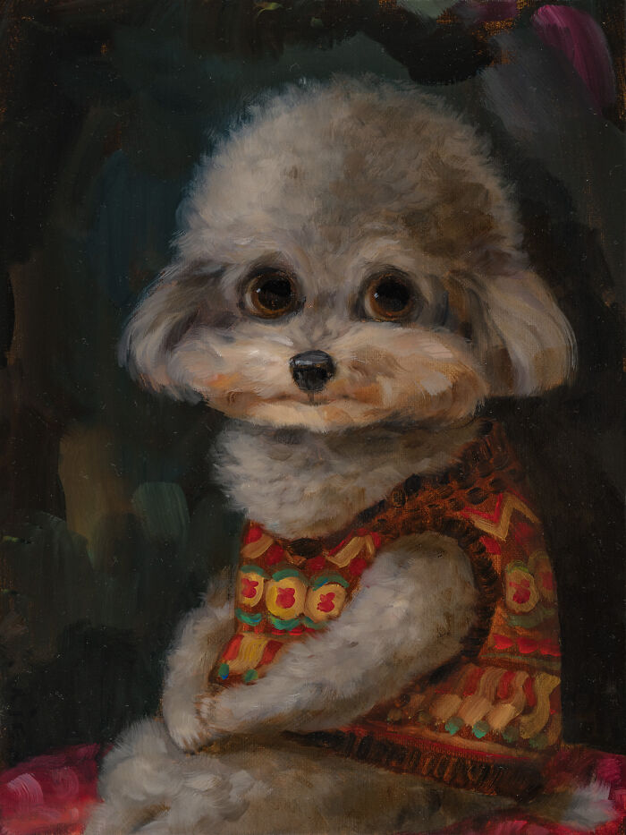 Adorable fluffy dog portrait with colorful sweater in animal painting