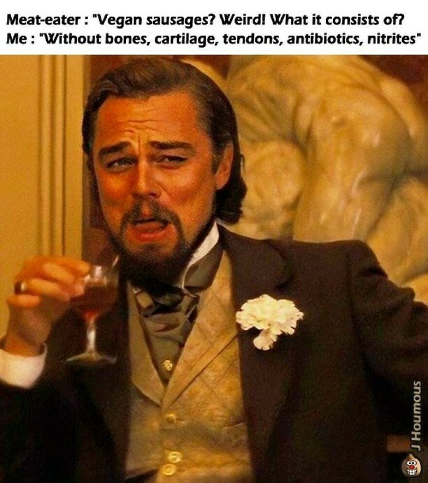 Man laughing with vegan sausages meme about meat and additives