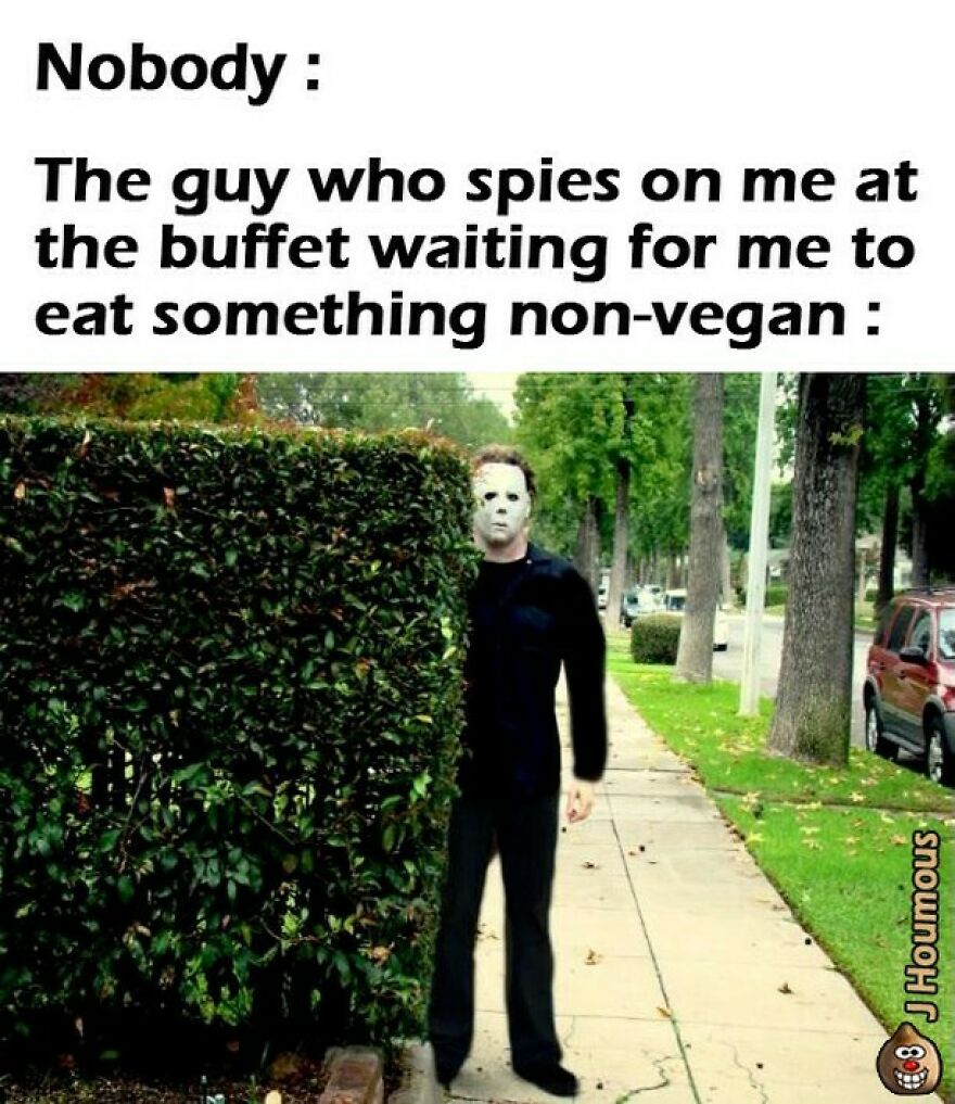 Vegan meme with man in mask spying at buffet for non-vegan eating