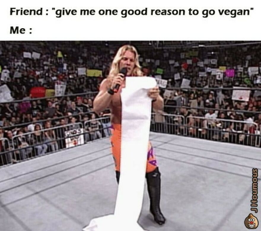 Wrestler holding a long list in meme about reasons to go vegan
