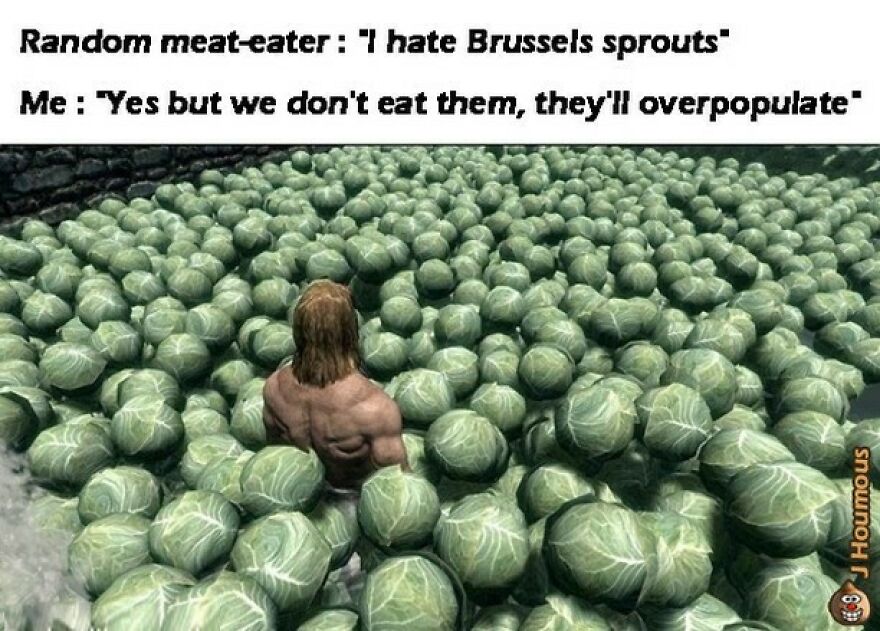 Man surrounded by Brussels sprouts in vegan meme about overpopulation
