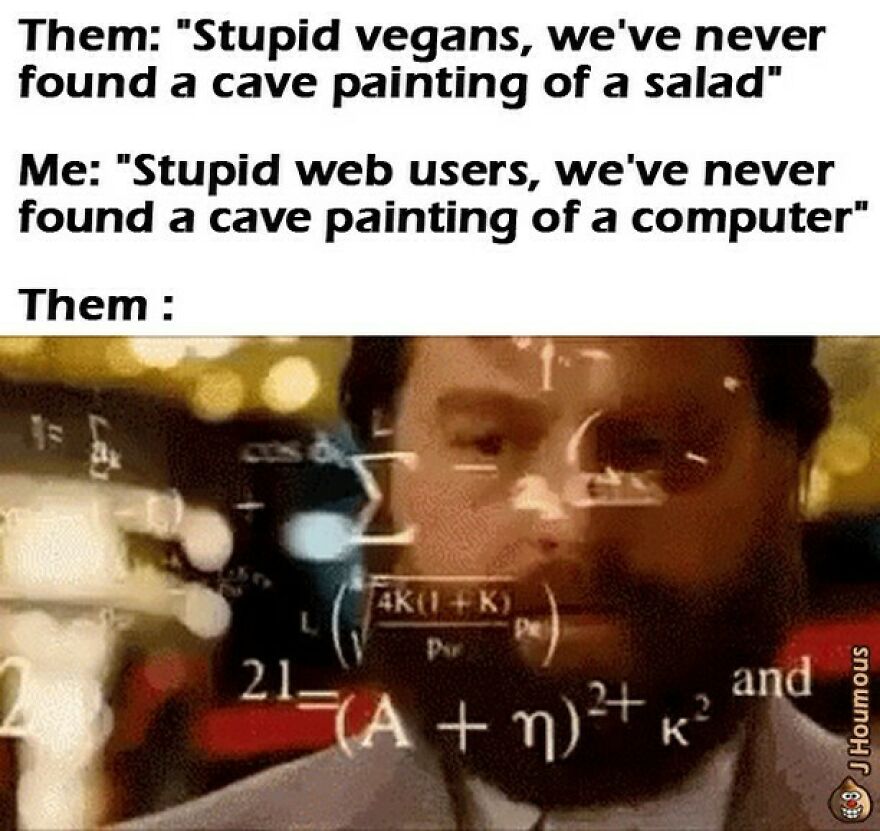 Meme comparing cave paintings of salad and computers with confused reaction