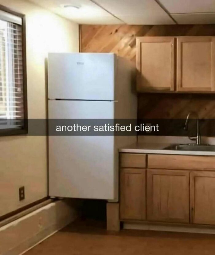 Kitchen with refrigerator humor and satisfied client caption