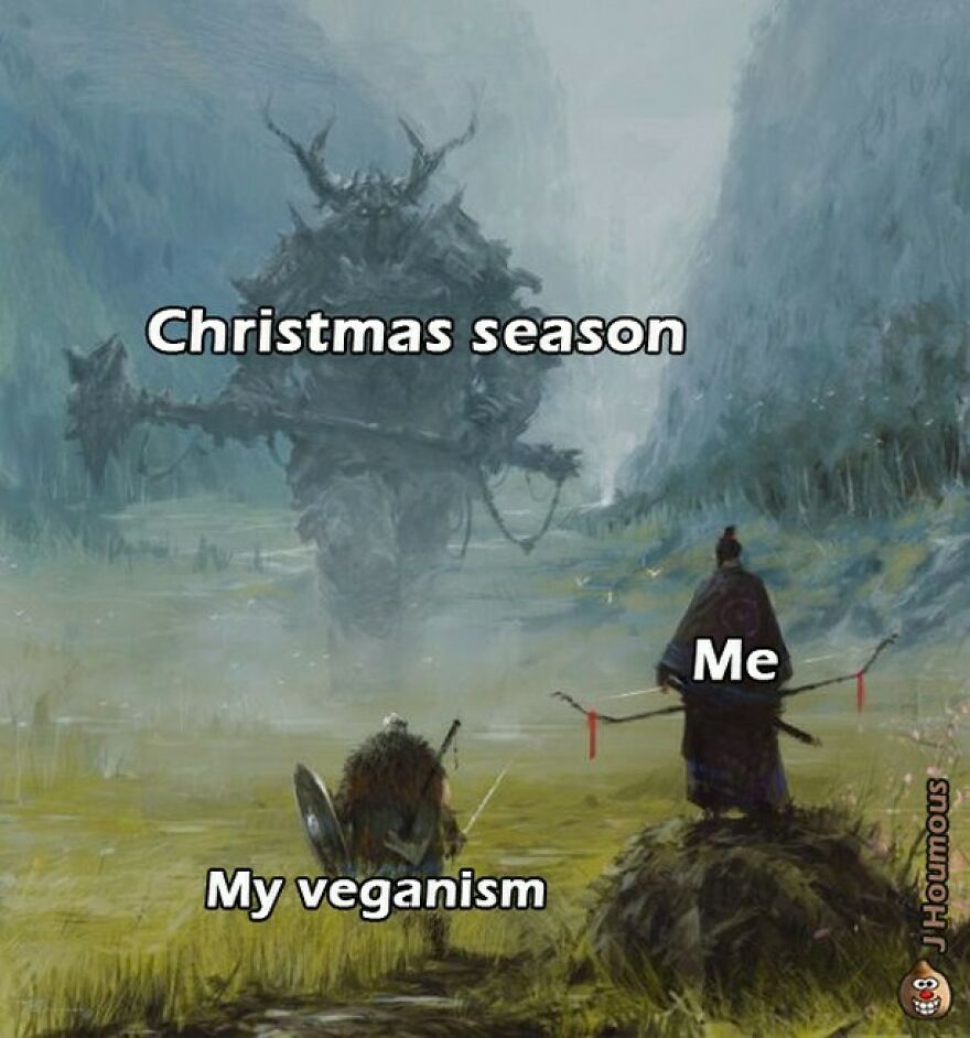 Veganism meme depicting Christmas season challenge to vegan commitment