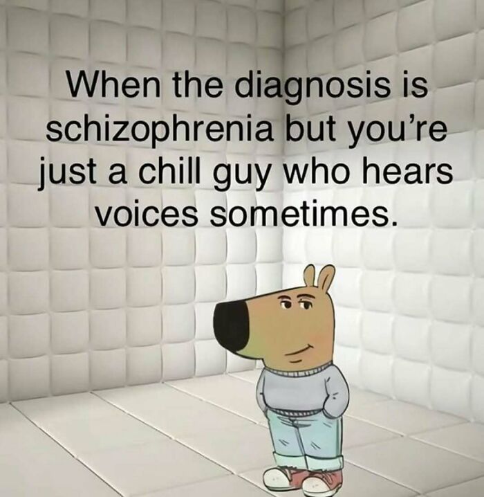 Cartoon dog in padded room meme about schizophrenia and hearing voices