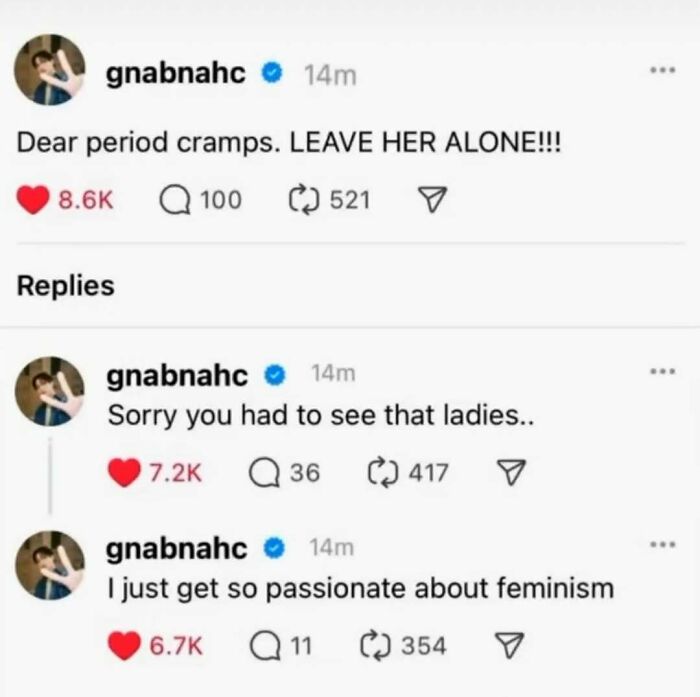 Humorous feminist tweets about period cramps from viral humor page