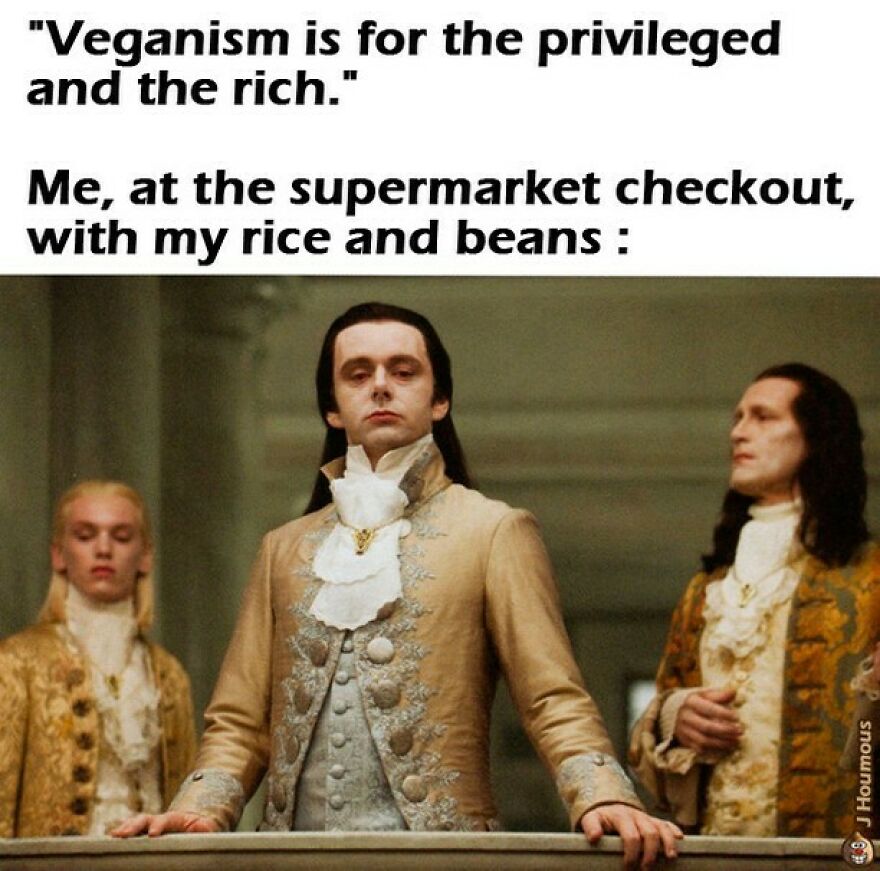 Veganism meme showing confident person at supermarket with rice and beans