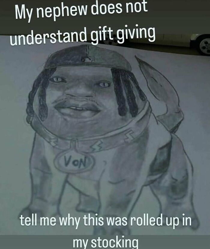 Humorous drawing of a dog with human features and gift giving text