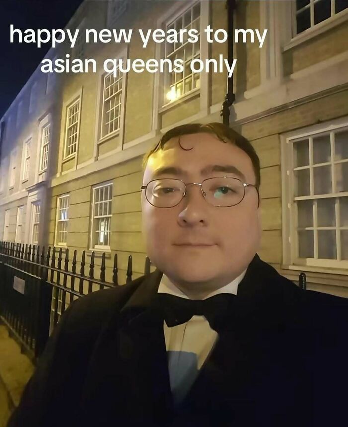Man in tuxedo outside at night with caption about Asian queens new year