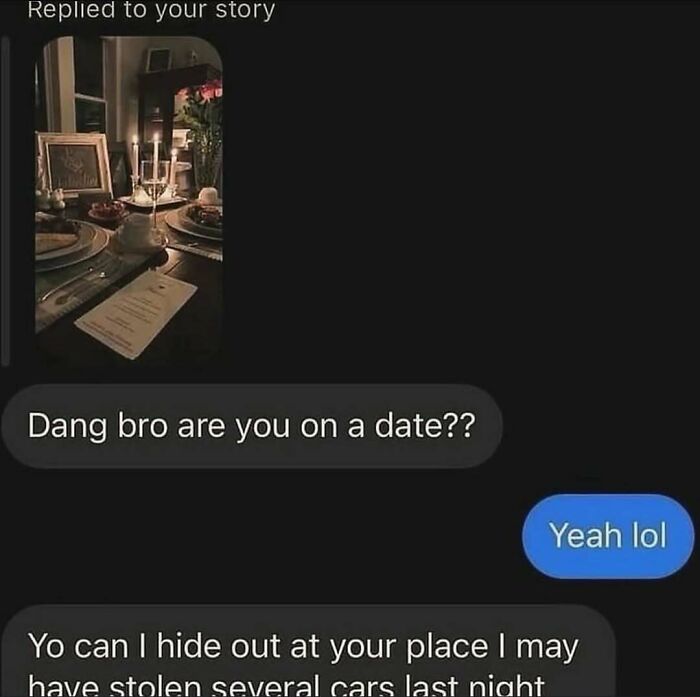 Funny text conversation about date and stolen cars random humor