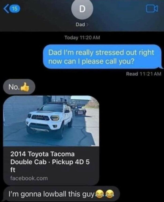 Humorous dad text about stressed out and car lowball random humor