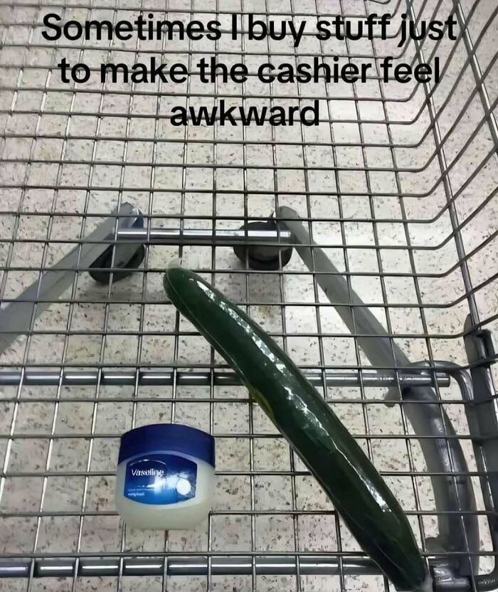 Shopping cart with cucumber and Vaseline showing awkward cashier humor