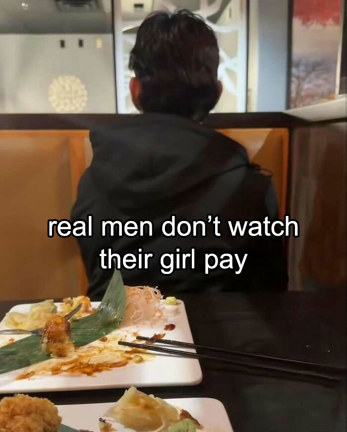 Man facing away at restaurant with caption about paying