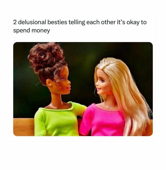 Two dolls representing best friends joking about spending money random memes
