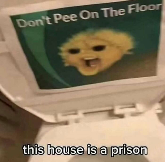 Toilet lid sign saying Don't Pee On The Floor with text this house is a prison
