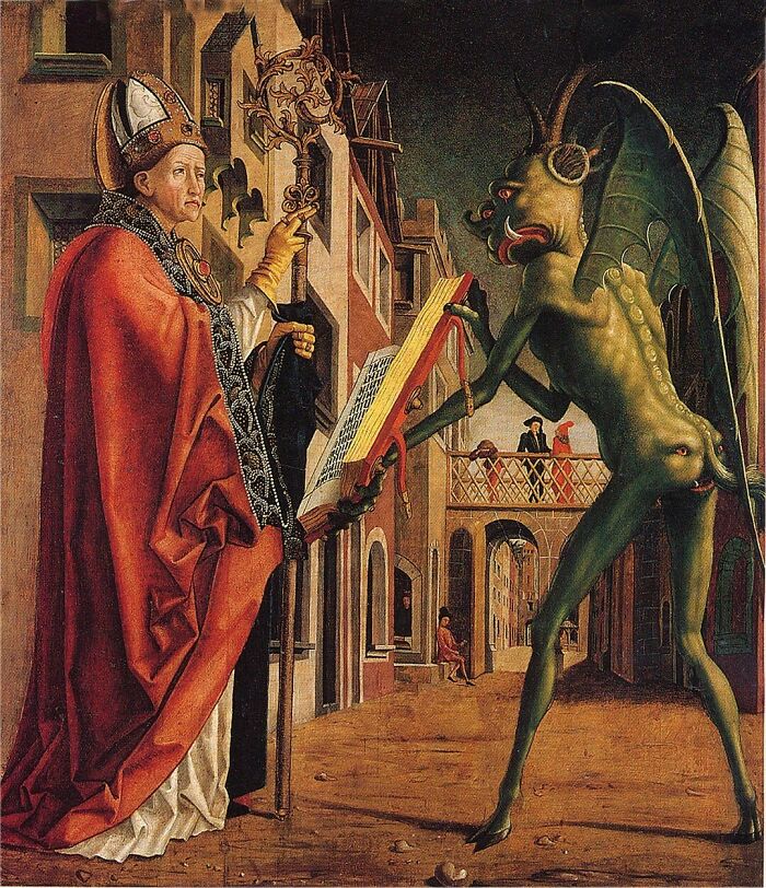 Medieval painting depicting a bishop and a demon in a dark historical street scene